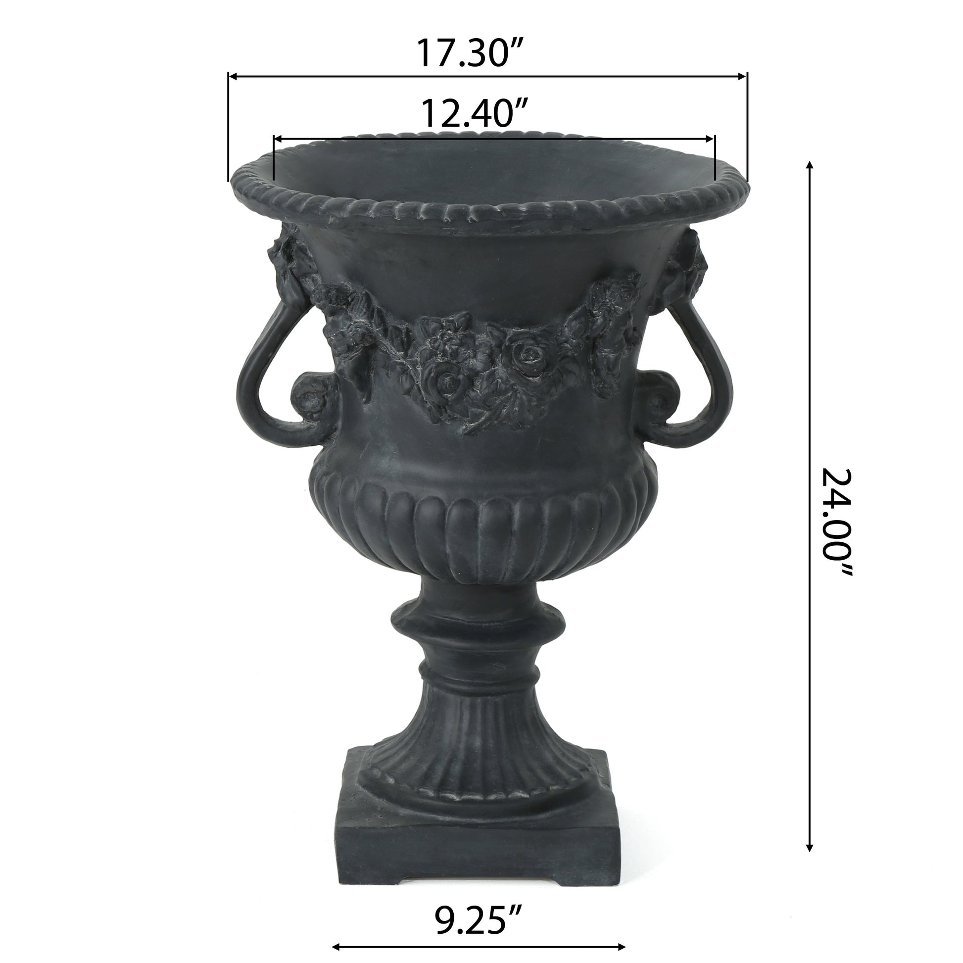 Black urn planter with ornate rose detailing and handles perfect for garden decor