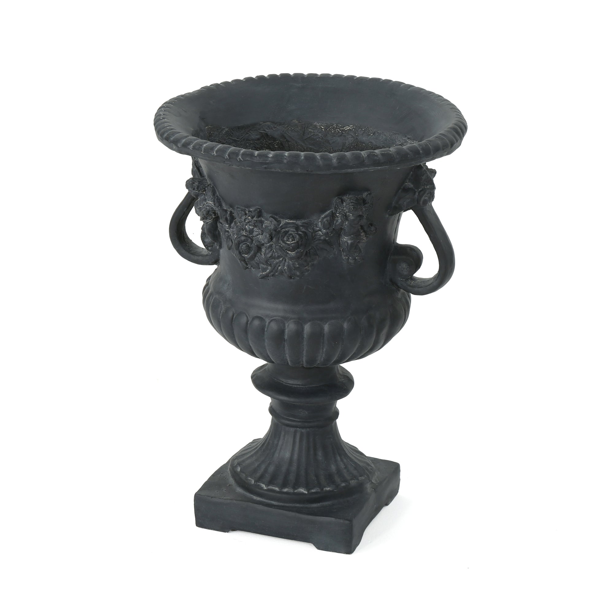 Black cast iron urn with ornate handles and rose garlands perfect for garden decor