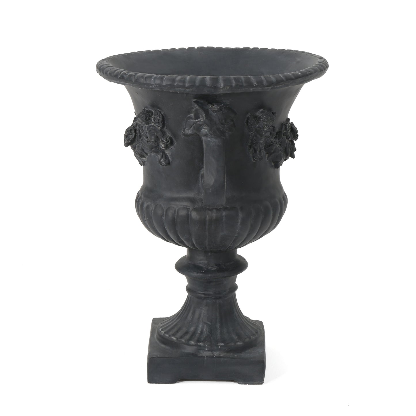 Classic black cast iron urn planter with ornate relief details perfect for garden decor