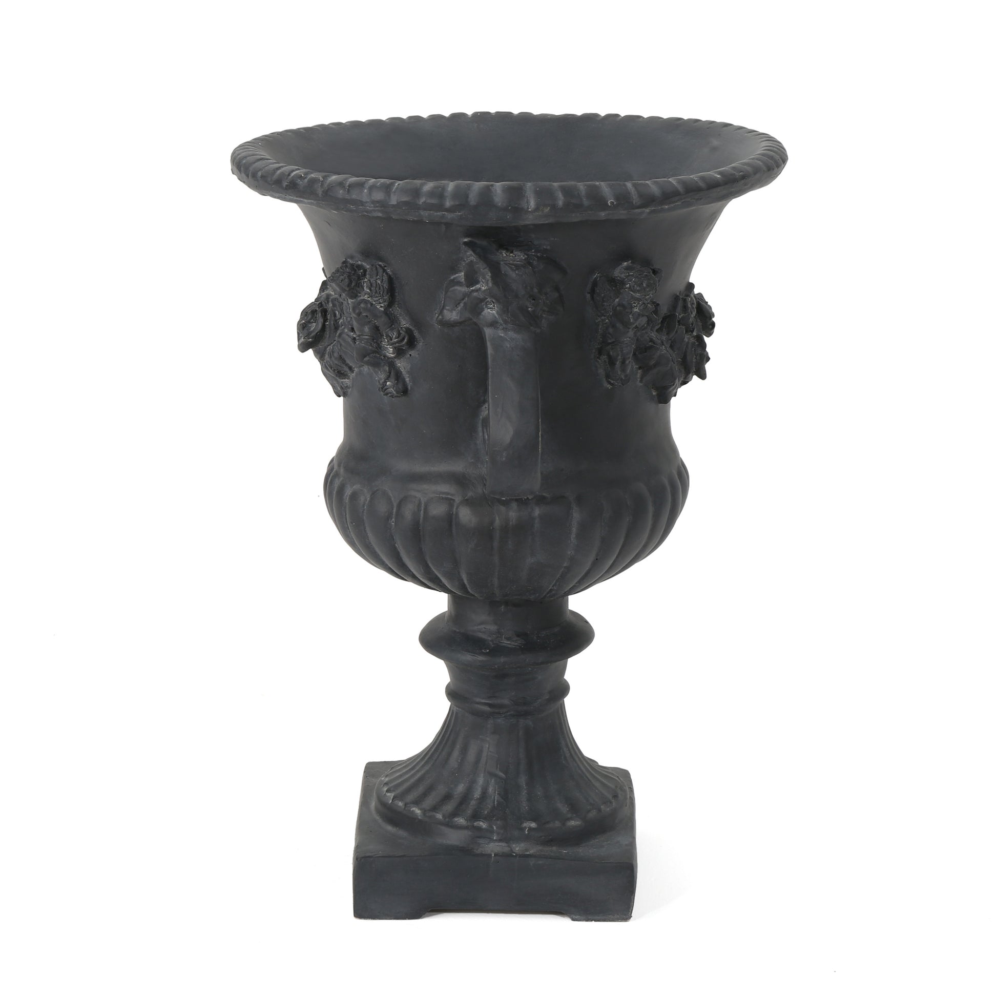 Classic black cast iron urn planter with ornate relief details perfect for garden decor