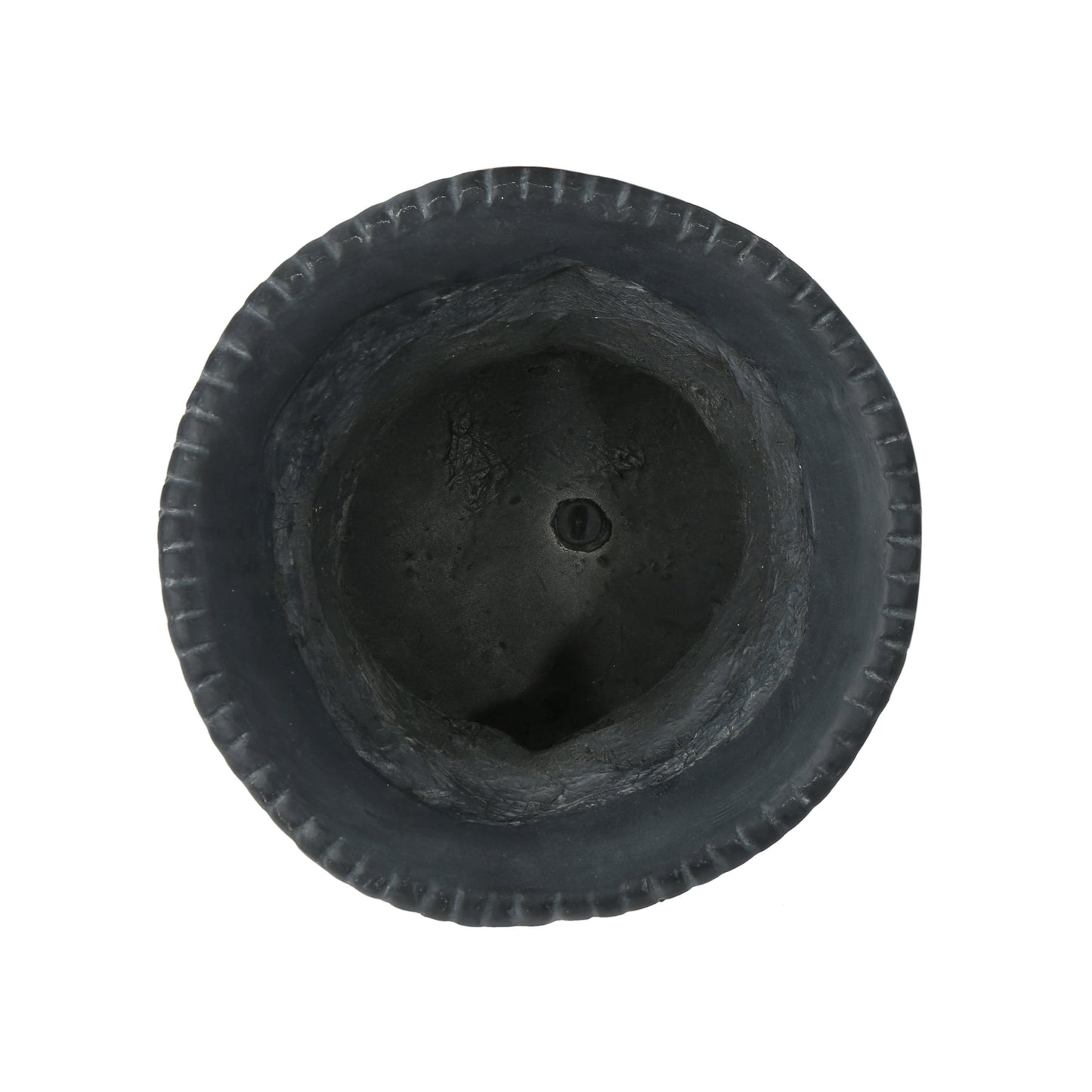 Black ceramic planter with ribbed rim and textured interior ideal for succulents