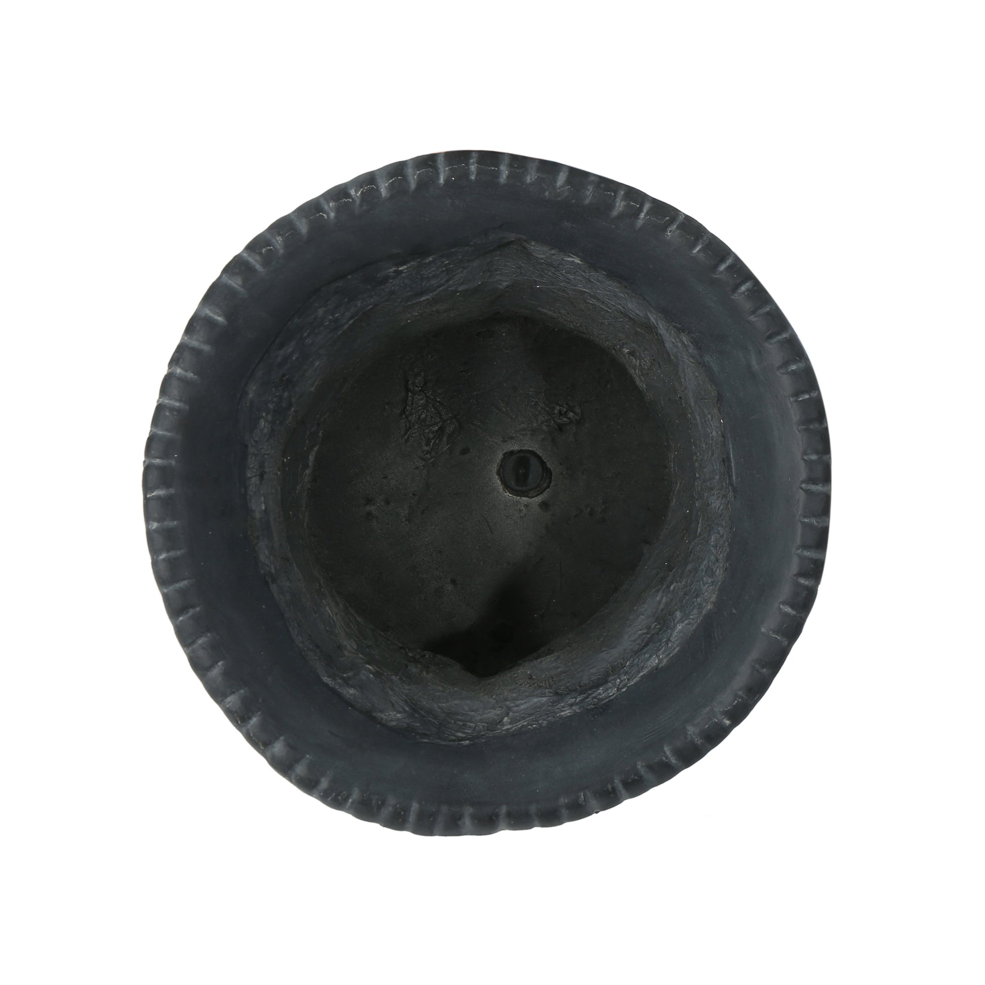 Black ceramic planter with ribbed rim and textured interior ideal for succulents
