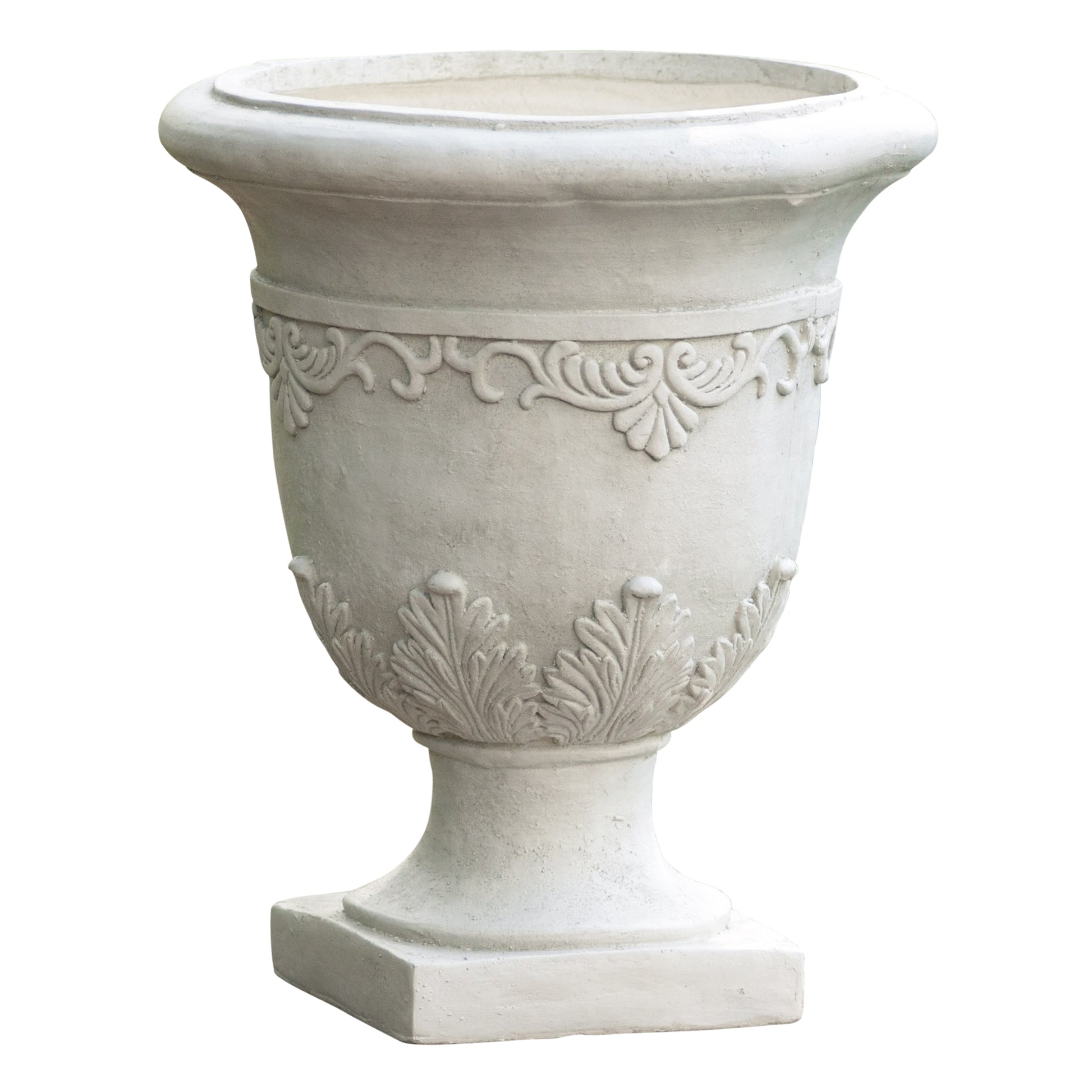 Classic white stone urn with ornate scroll and leaf carvings for garden decor