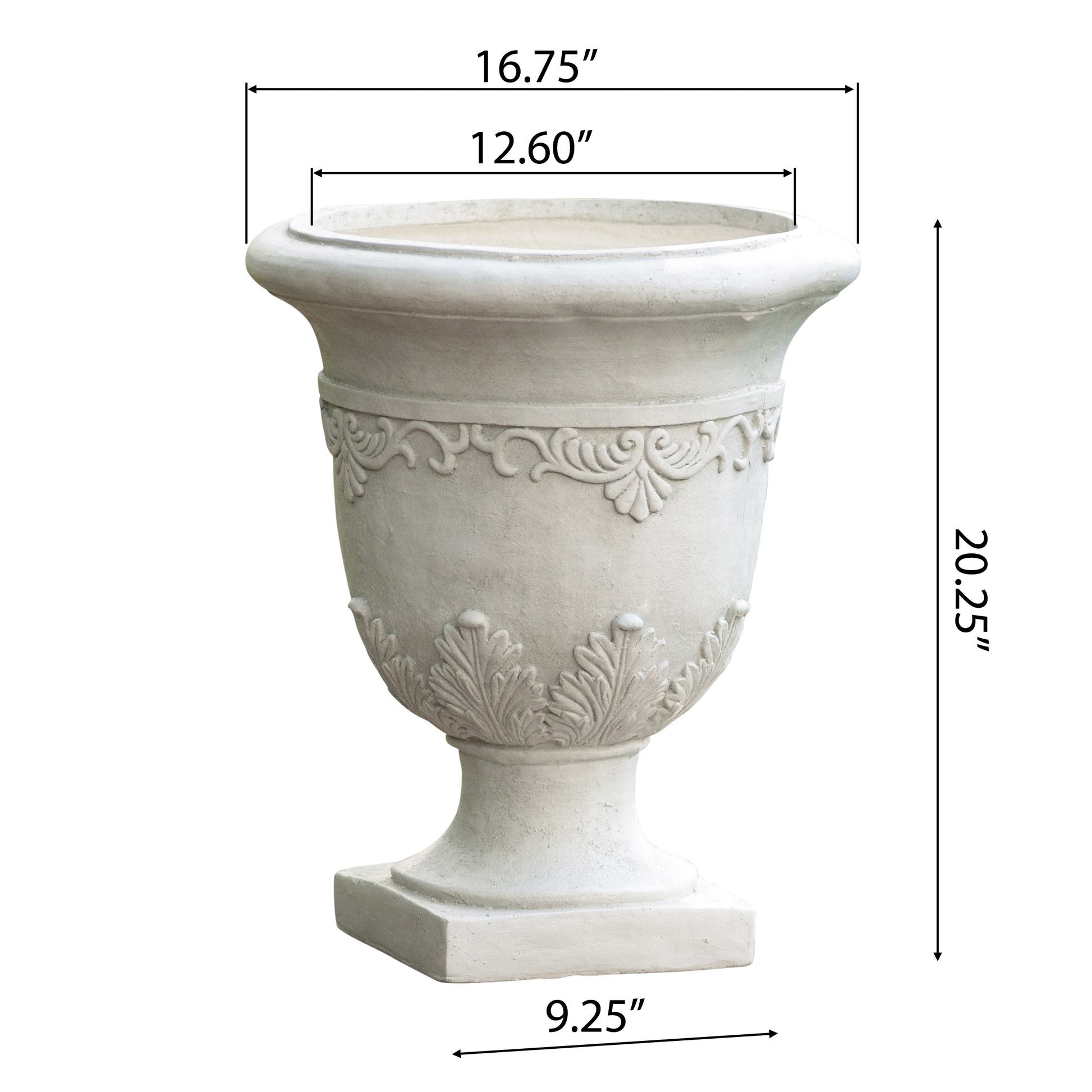 Classic white composite urn planter with ornate scrollwork and pedestal base