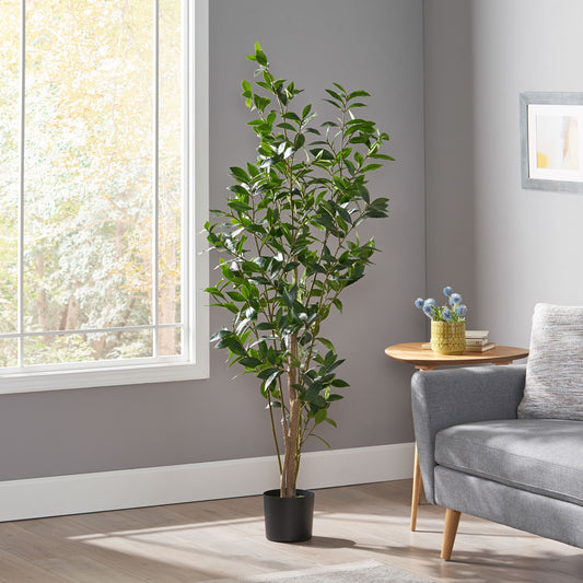 Tall artificial bay tree with dark green leaves in a black pot adding life to living room decor