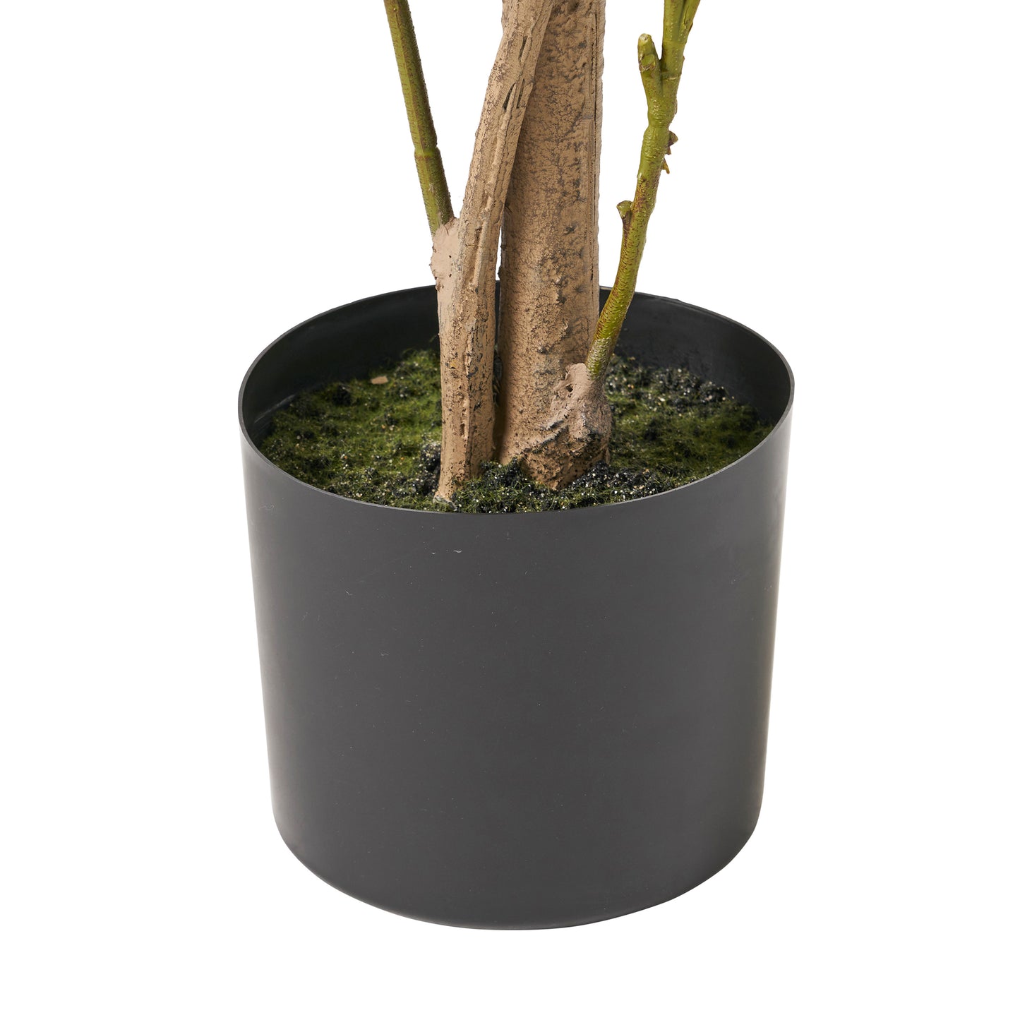 Black planter base with textured brown trunk and green faux mossy filler