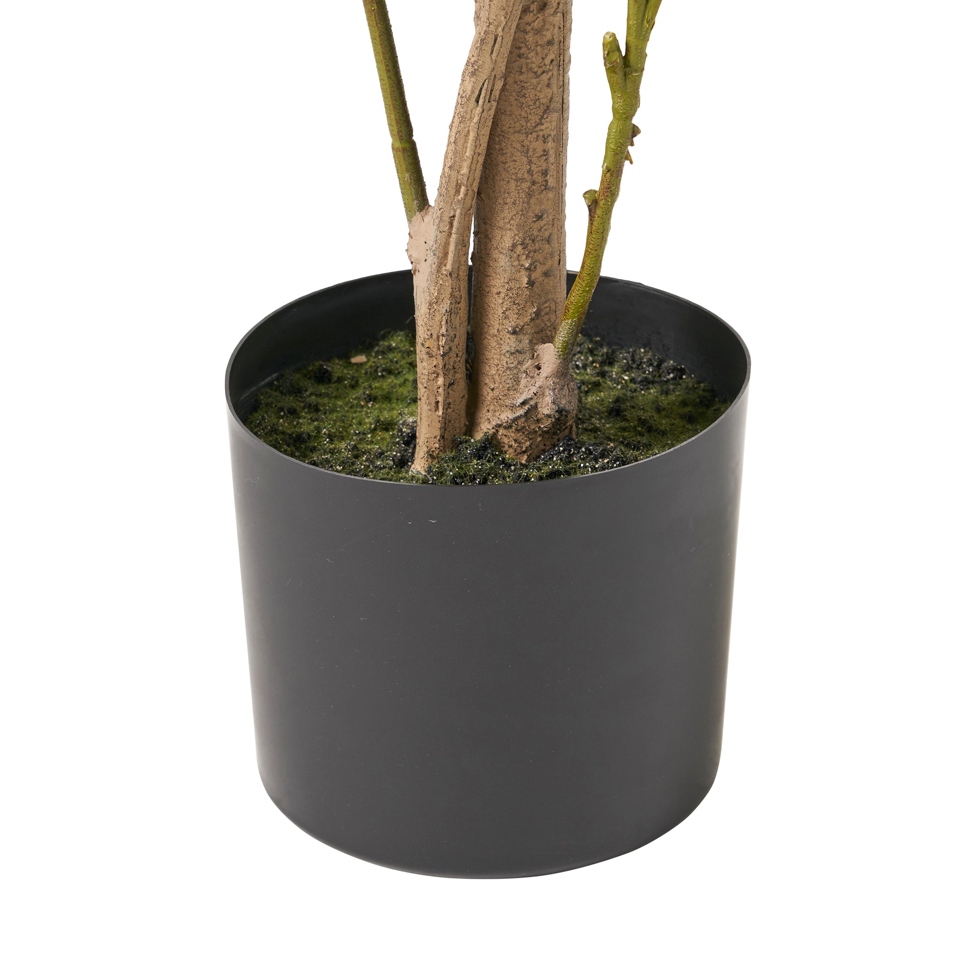 Black planter base with textured brown trunk and green faux mossy filler