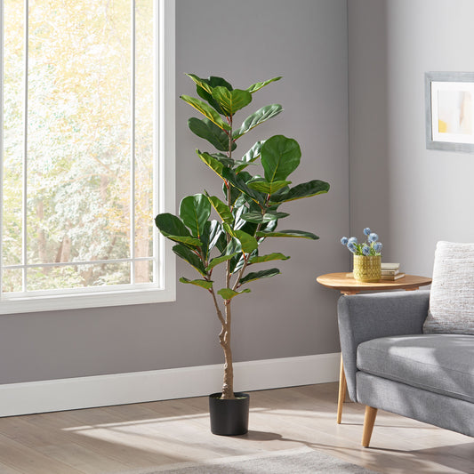 Tall faux fiddle leaf fig plant with dark green leaves in a black pot