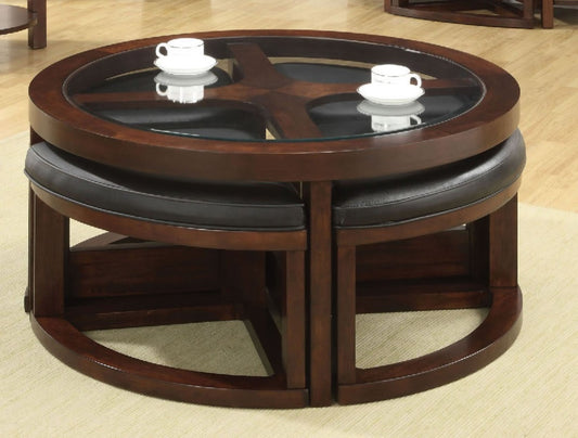 Round nesting coffee table with dark wood finish and glass top