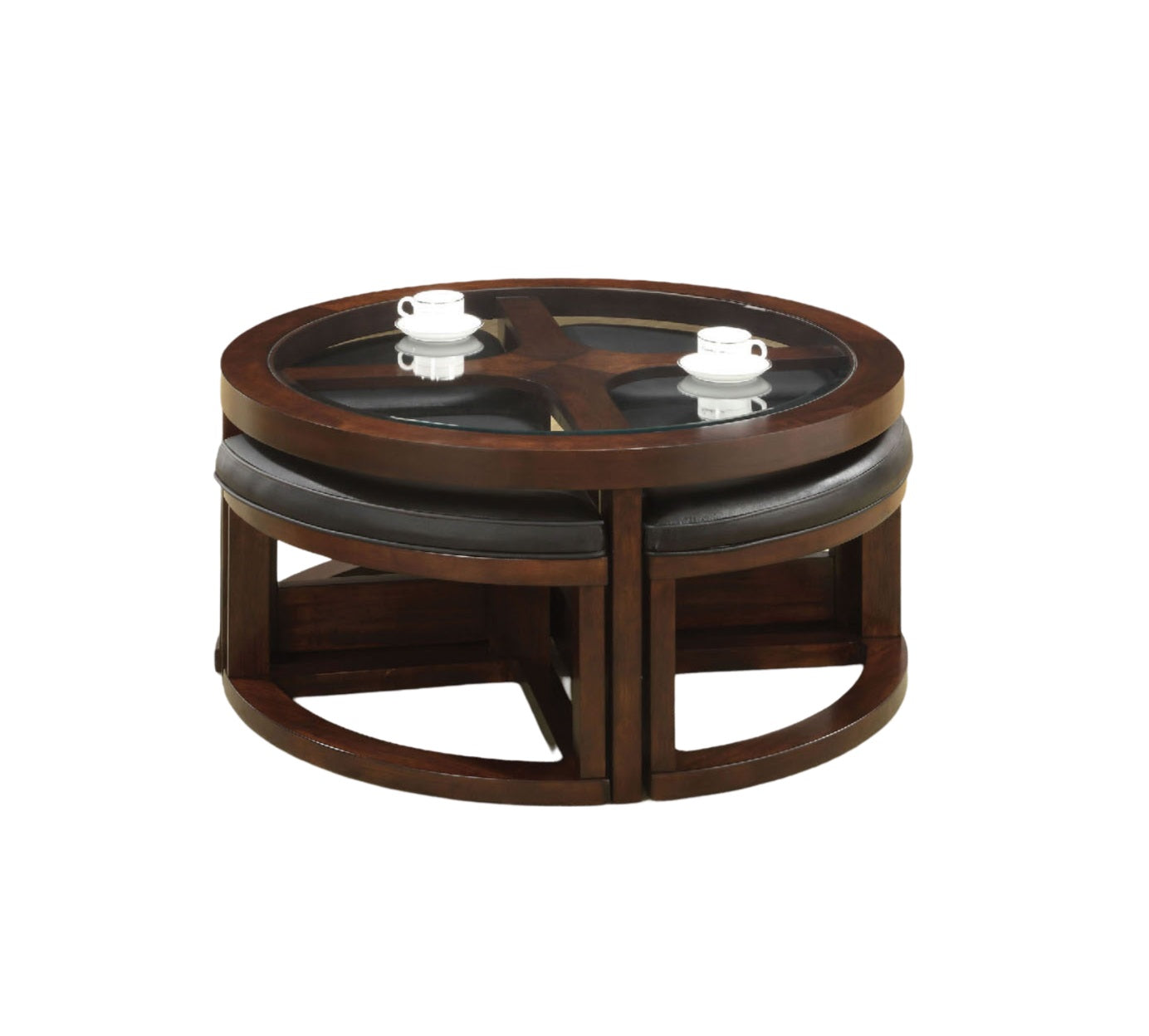 Round glasstop coffee table with wooden frame and black ottomans nesting underneath