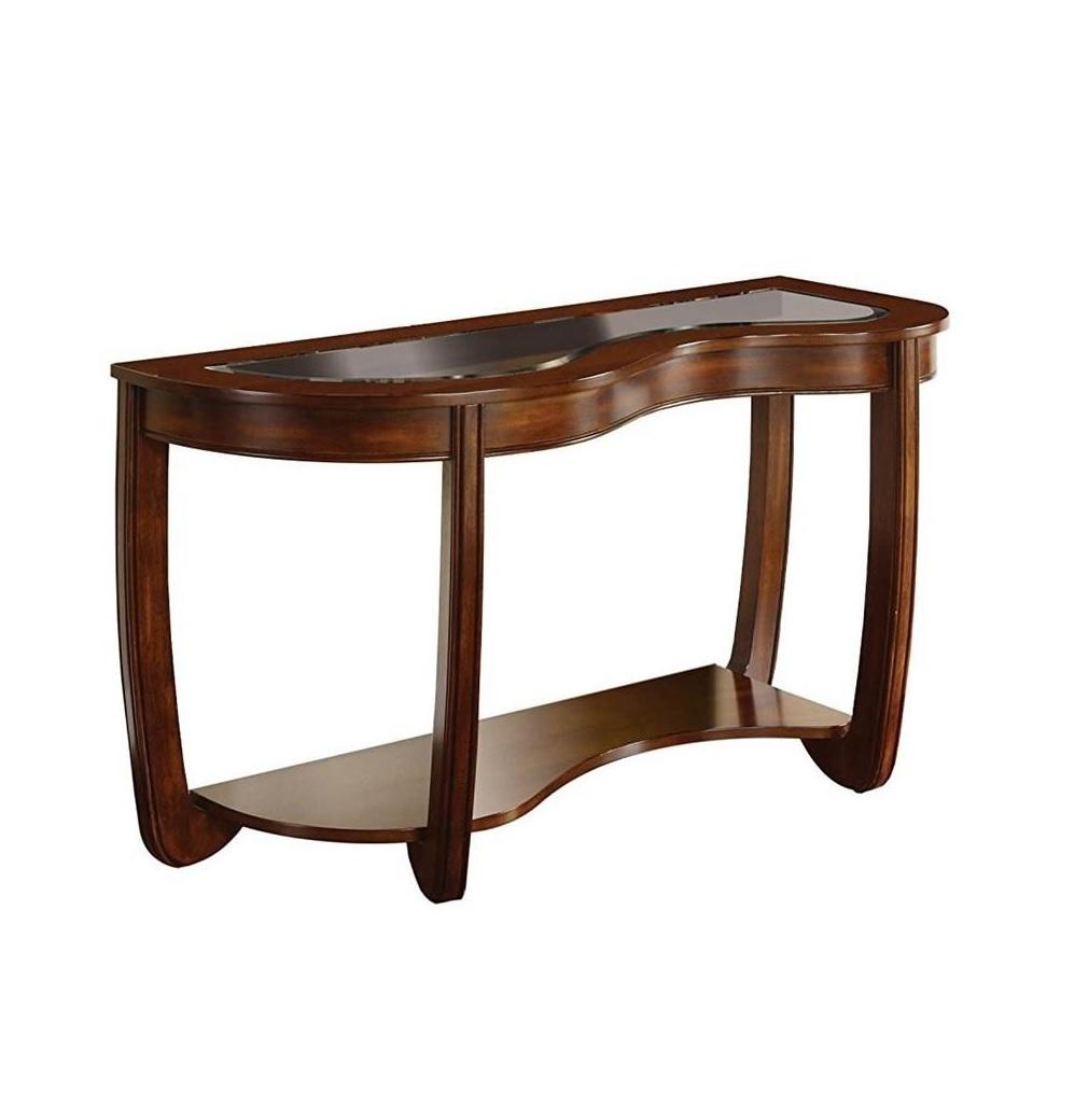 Curved dark wood console table with glass top and lower shelf for entryway decor