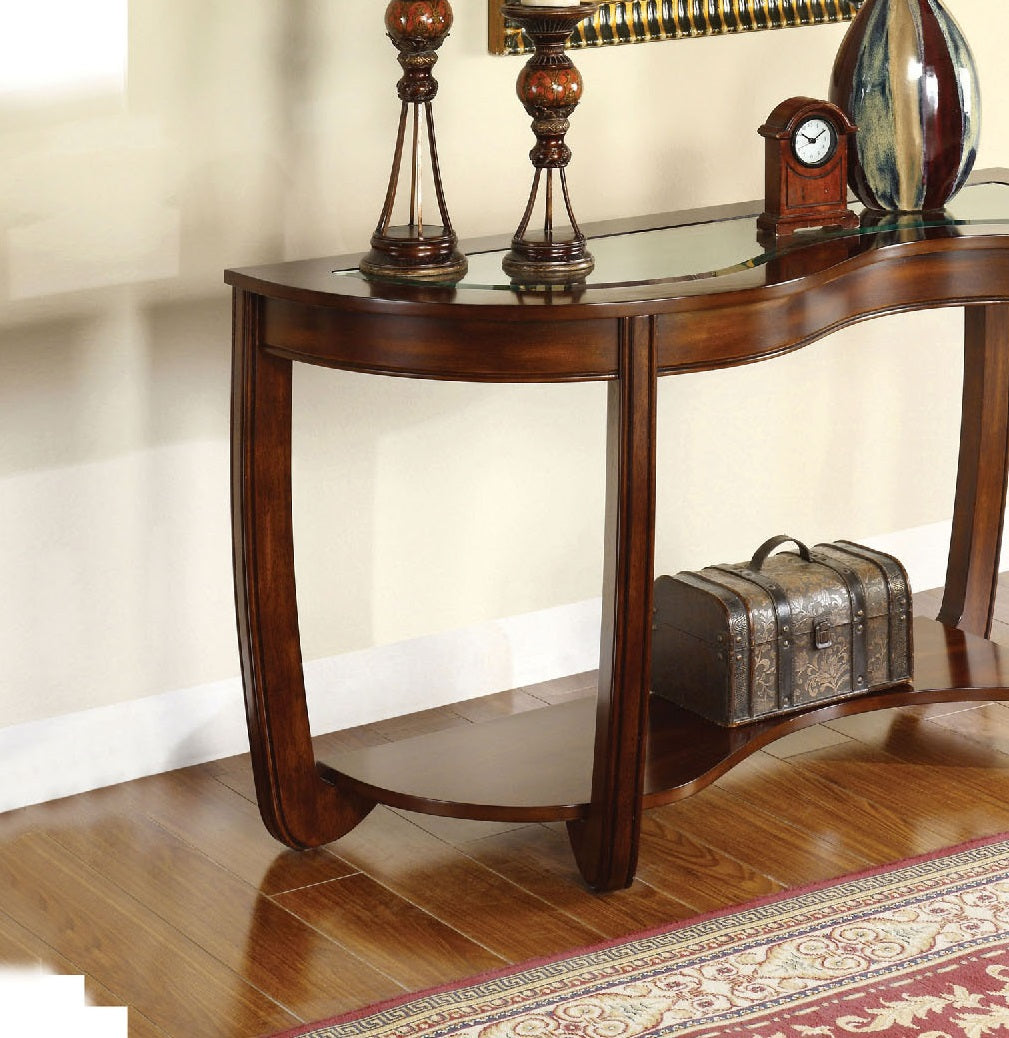 Elegant dark wood console table with glass top featuring ornate candlestick holders