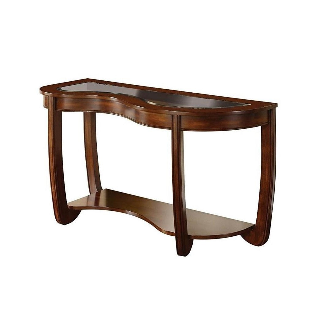 Elegant curved wooden console table with glass top and lower shelf