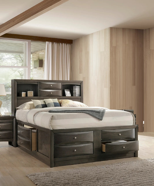 Dark gray wood king storage bed with  drawers and builtin headboard shelving