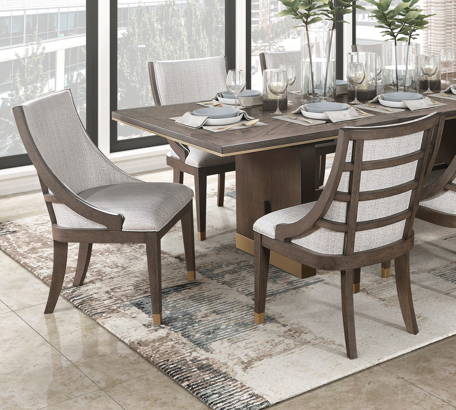 Modern dining chair with upholstered light grey seat and back on dark wood frame