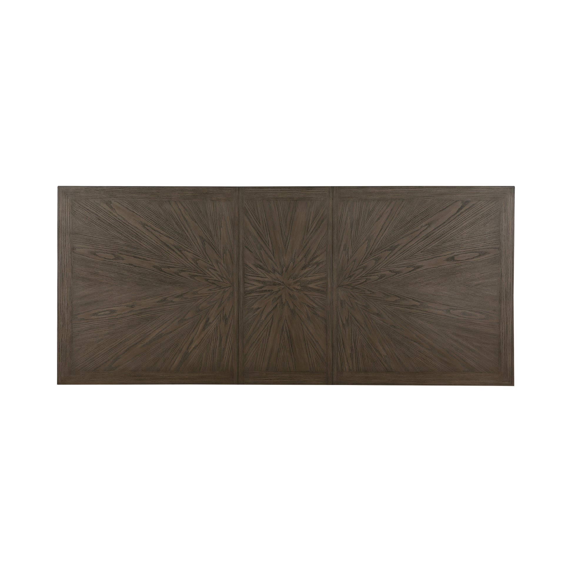 Dark oak dining table with sunburst wood grain pattern and beveled edge  characters