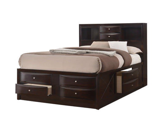 Dark wood queen bed frame with multiple drawers and a bookcase headboard