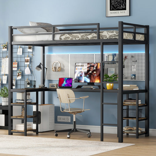 TREATLIFE HOME Twin XL Metal Loft Bed with Desk and Shelves, Space-Saving Design for Small Bedrooms, Black