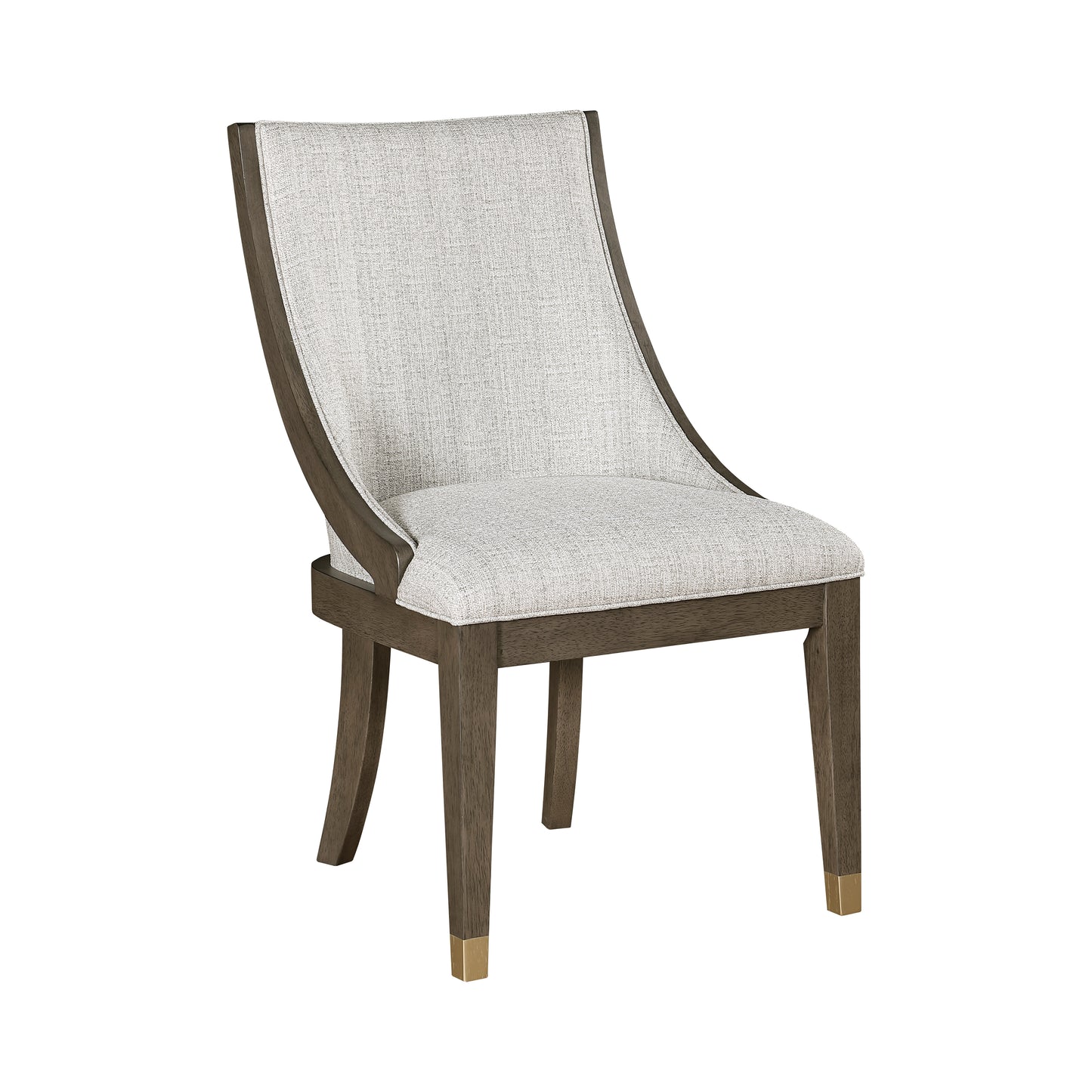 Textured grey upholstered dining chair with dark wood frame and gold accents