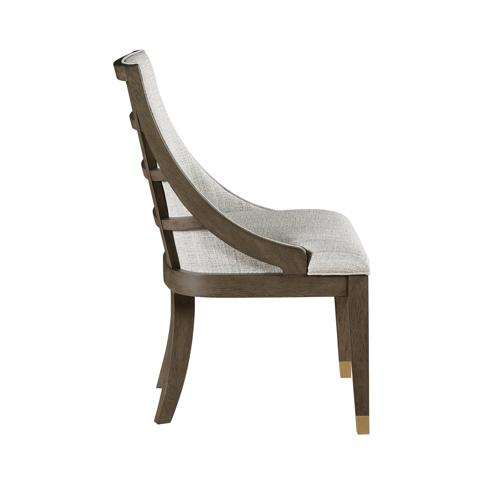 Dark wood dining chair with light grey textured upholstery and brass accents
