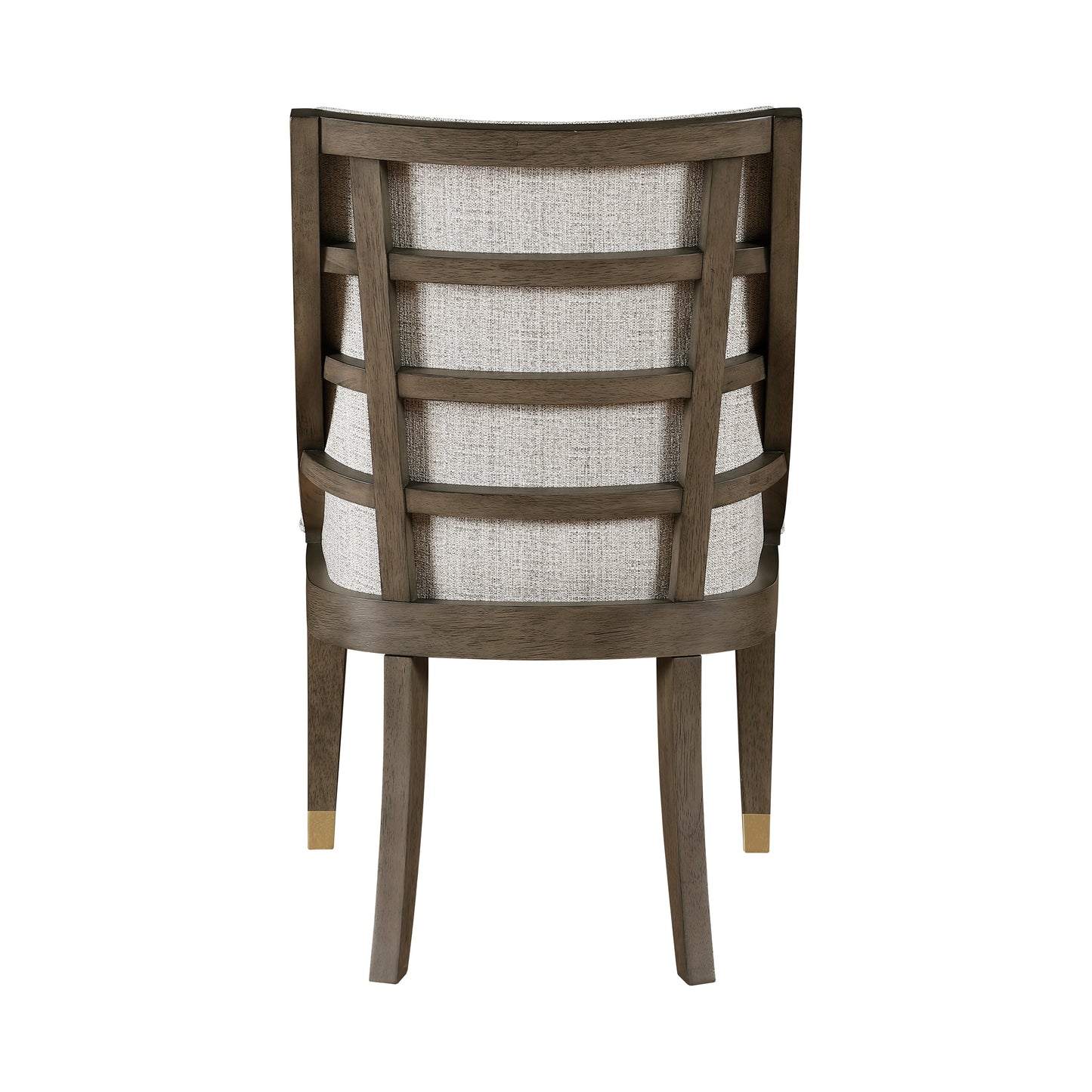 Back view of a wooden dining chair with upholstered linen seat and slatted back