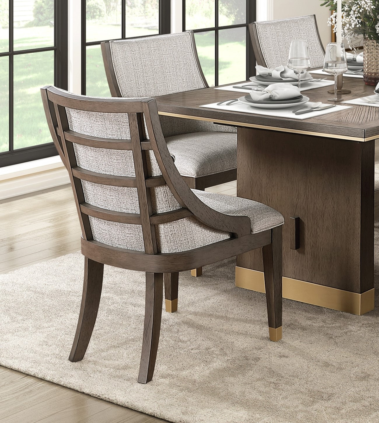 Dark wood dining chair with grey upholstered seat and slatted back