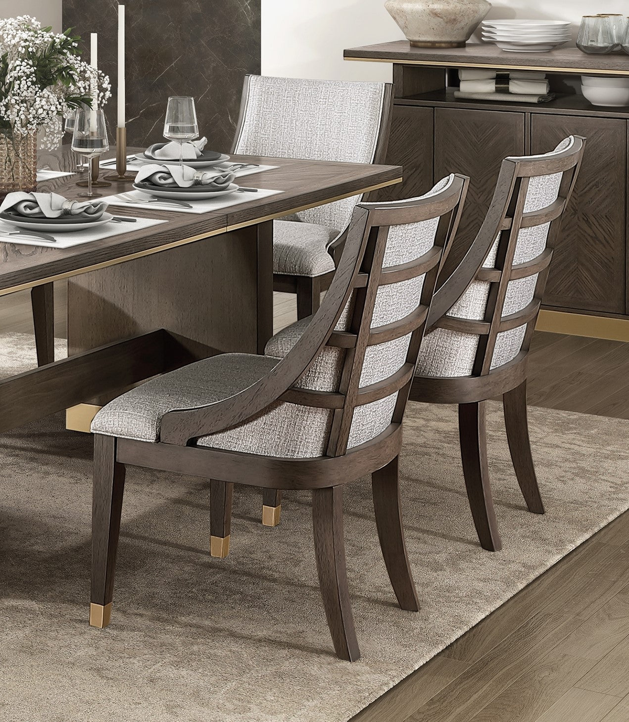 Modern dining chair with dark wood frame and grey textured upholstered seat