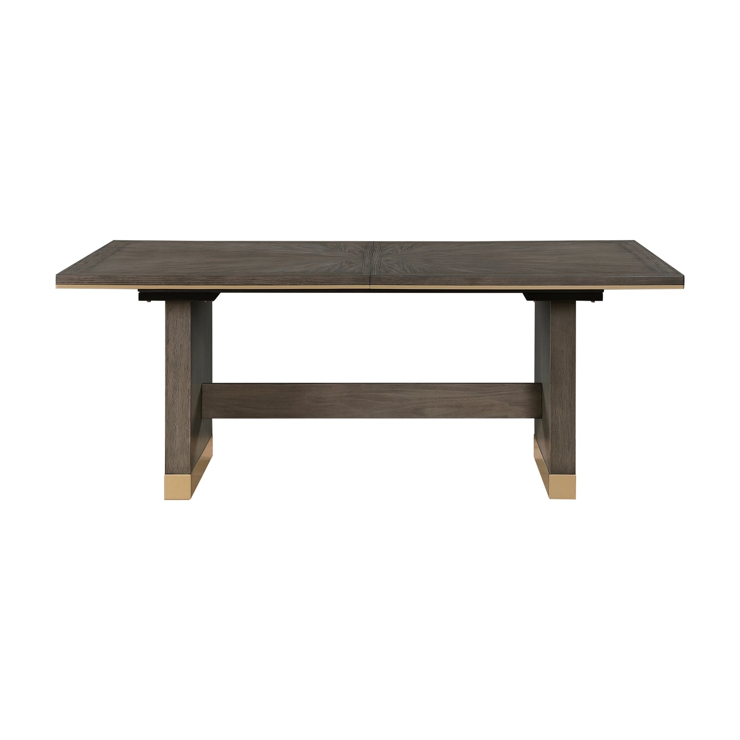 Dark grey modern dining table with brass accents wood grain finish