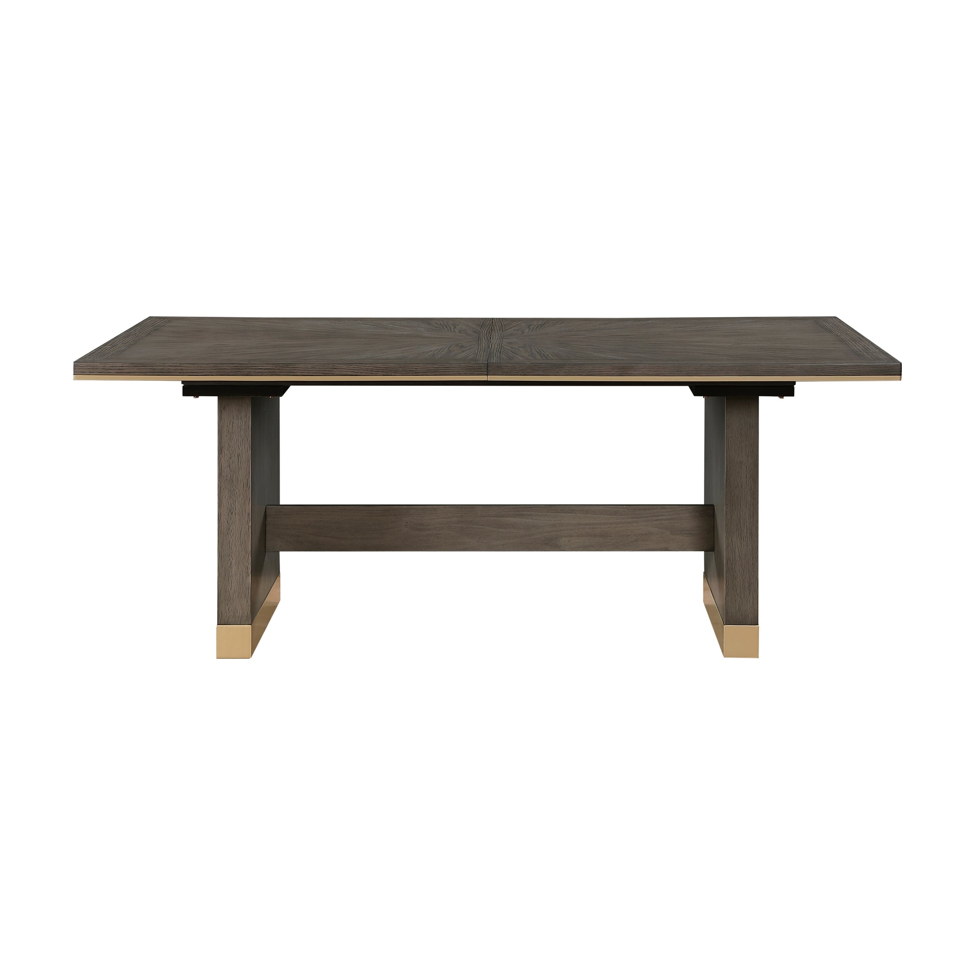 Dark grey modern dining table with brass accents wood grain finish
