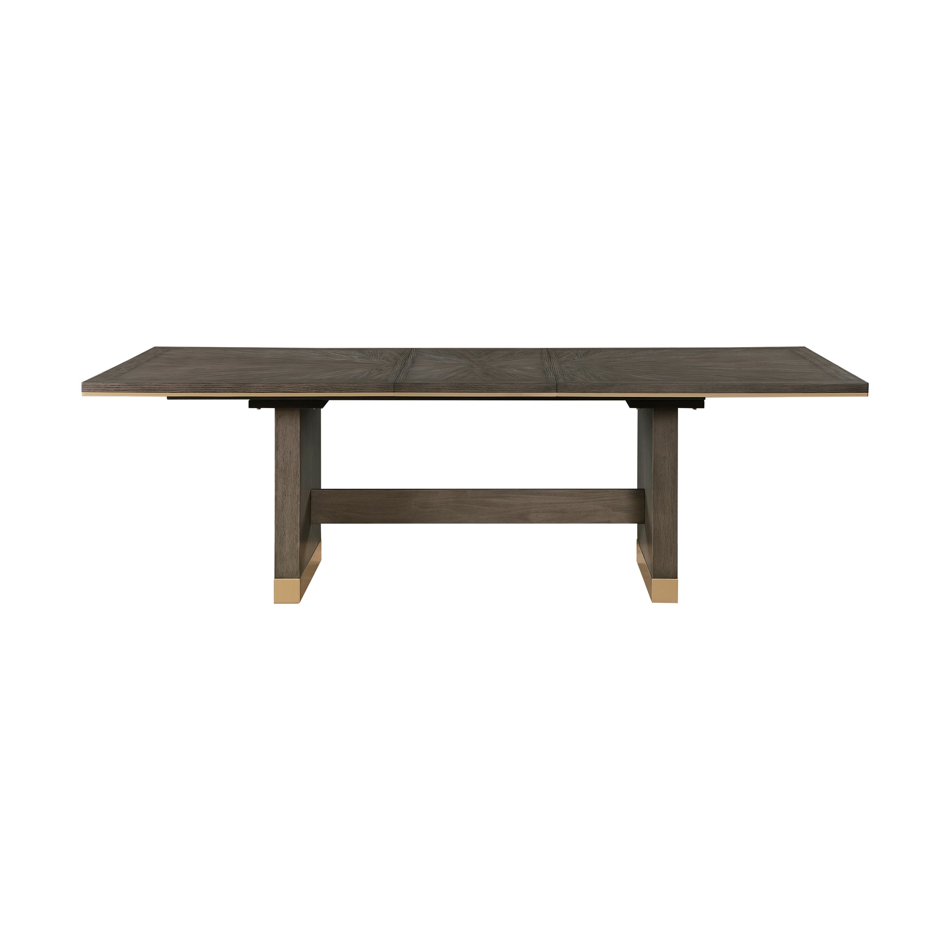 Dark wood dining table with gold accents and Hshaped pedestal base