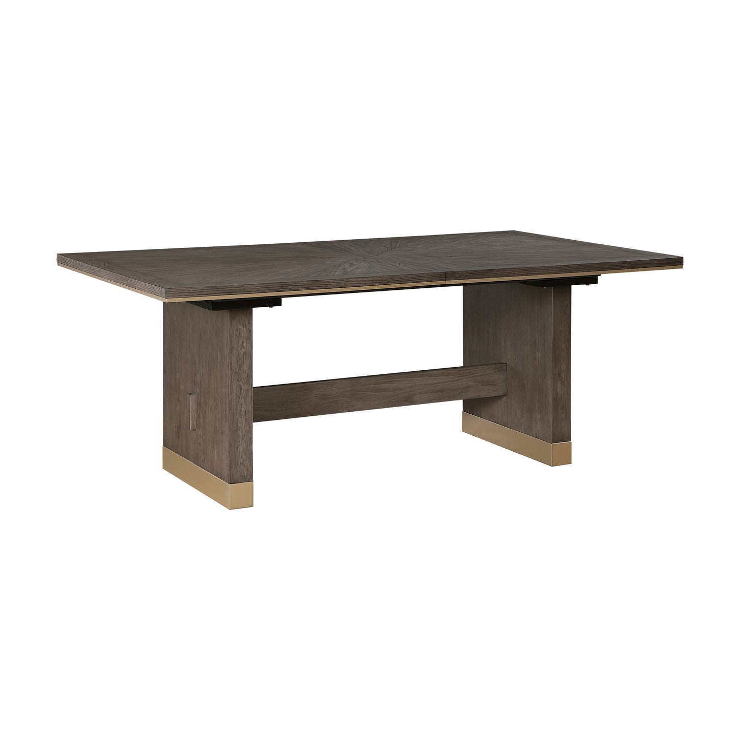 Modern dark wood dining table with brass accents and a herringbone inlay pattern