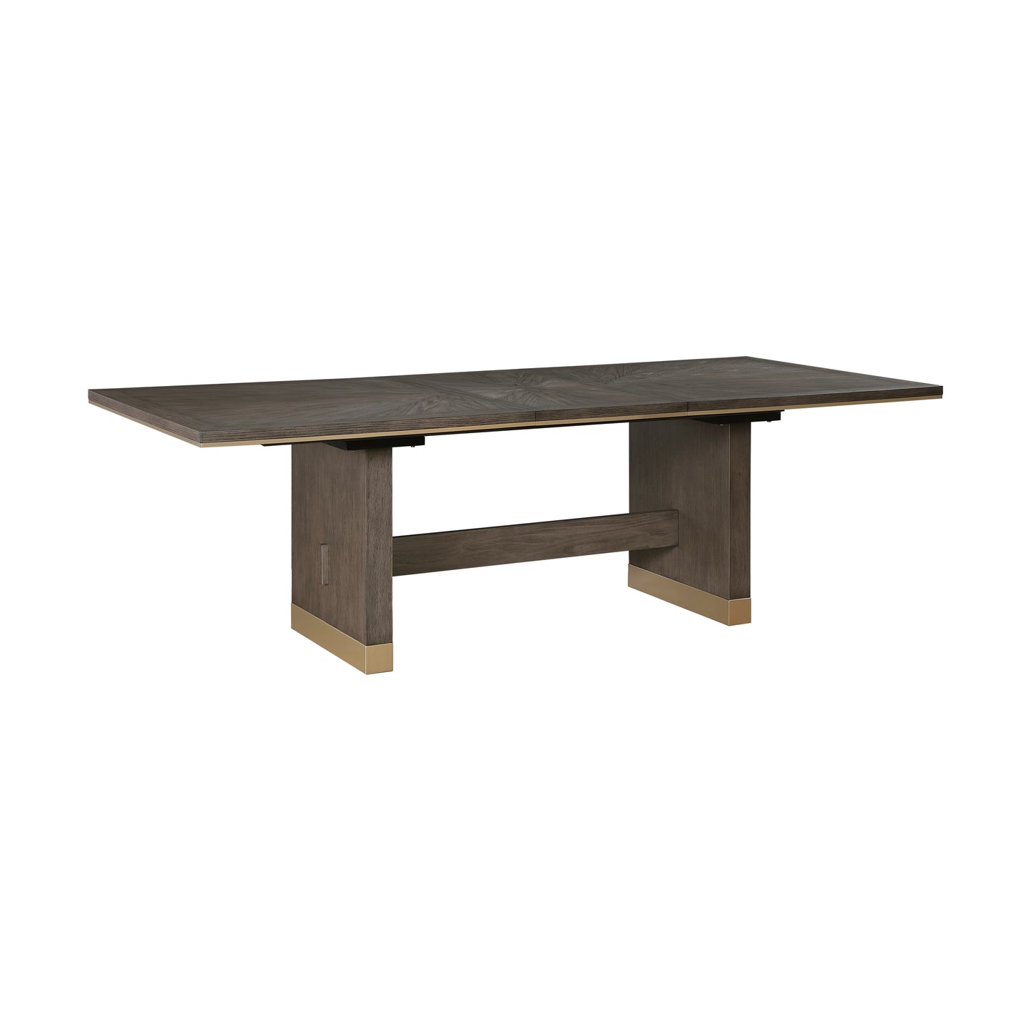 Dark wood dining table with gold accents featuring a textured surface and sturdy pedestal legs