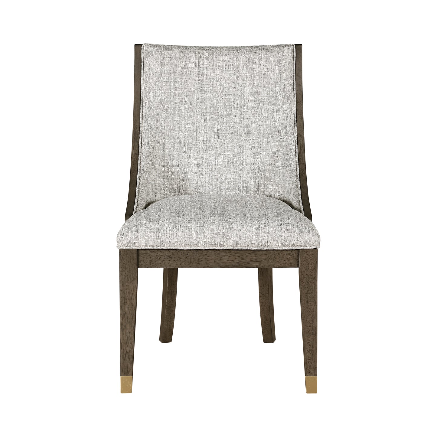 Modern dining chair with light gray textured upholstery and dark wood legs with brass accents