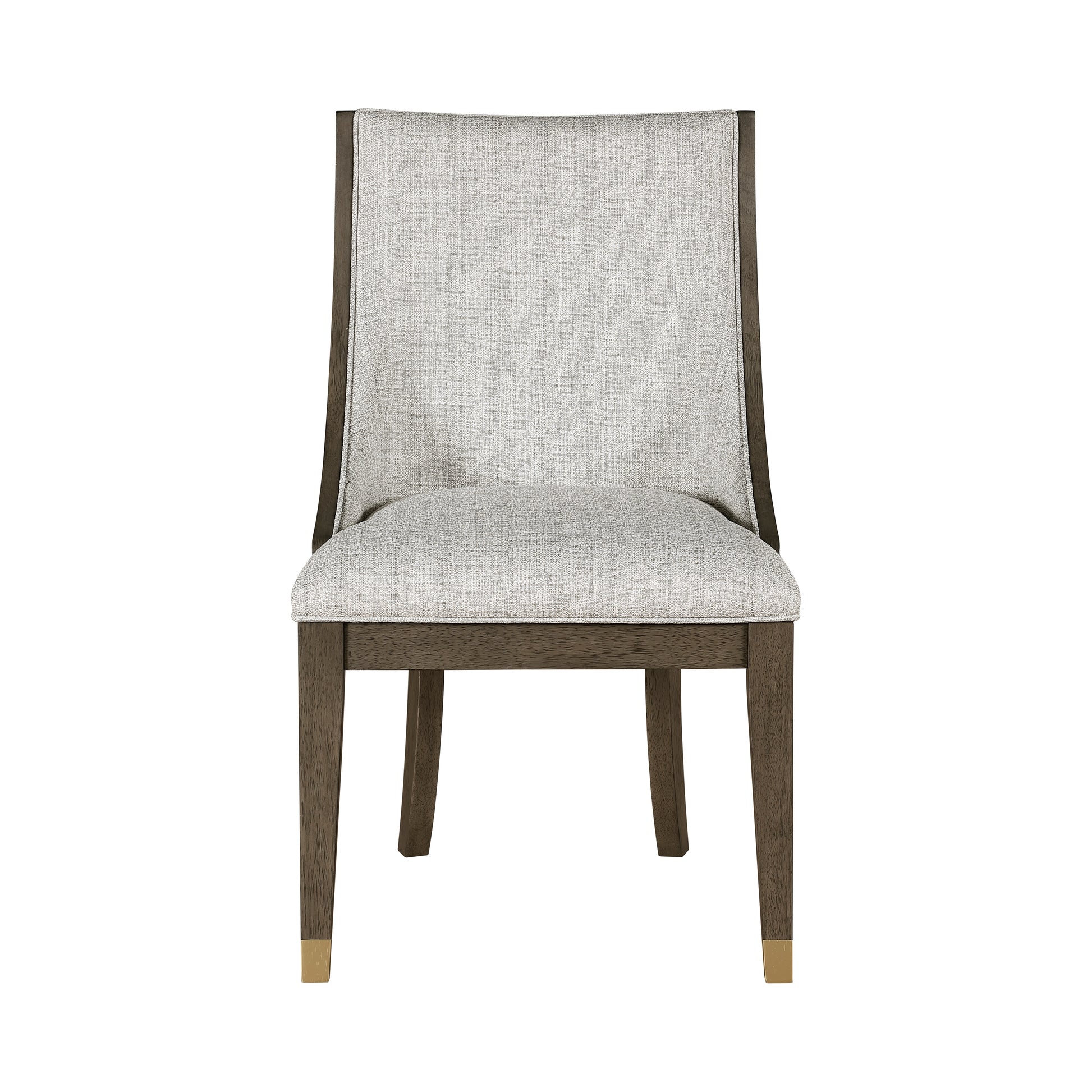 Modern dining chair with light gray textured upholstery and dark wood legs with brass accents