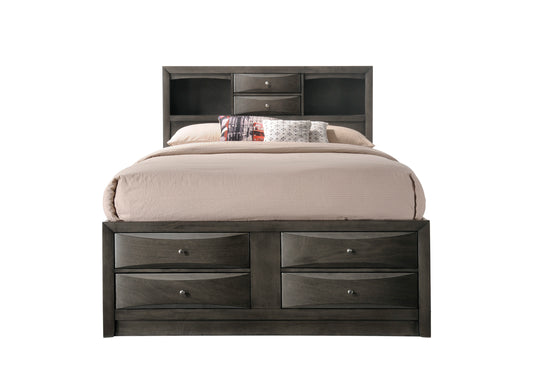 Gray wood twin bed frame with builtin headboard shelving and six drawers
