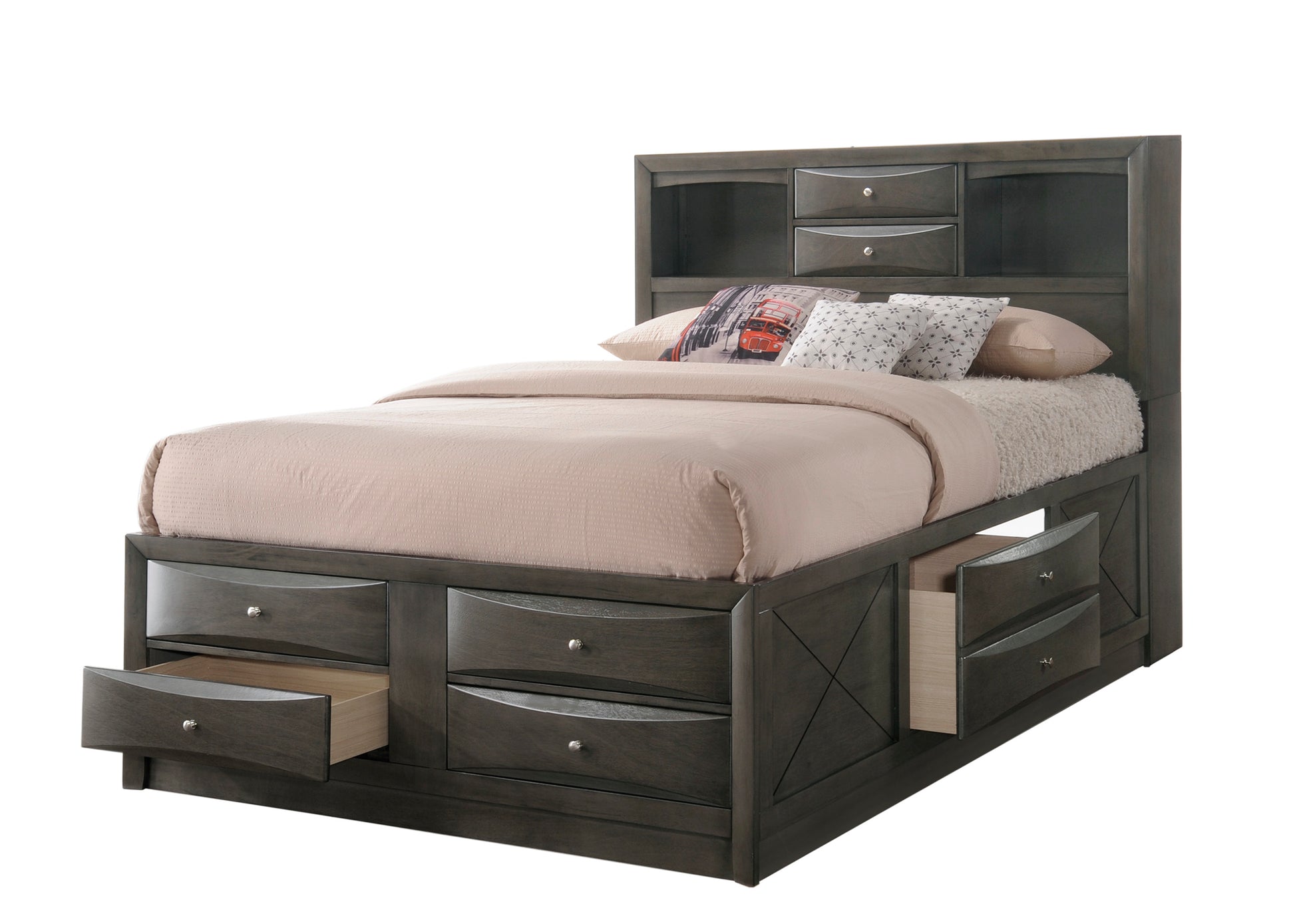 Dark grey wood storage bed frame with bookcase headboard and drawers