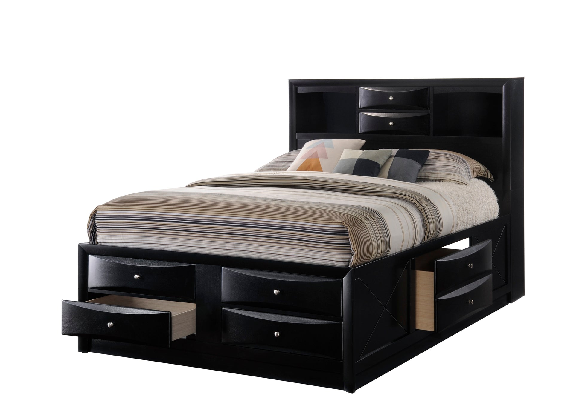 Black wooden platform bed with ample storage drawers and a shelved headboard