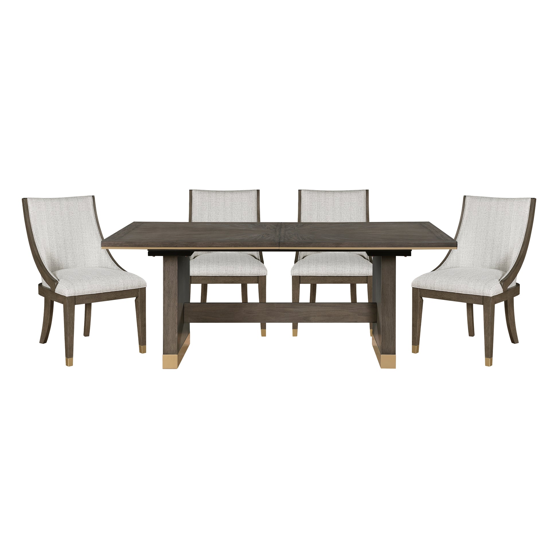 Dark wood dining table with light gray upholstered chairs brass accents and modern design