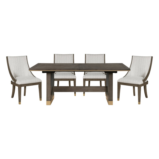 Dark wood dining table with light gray upholstered chairs brass accents and modern design