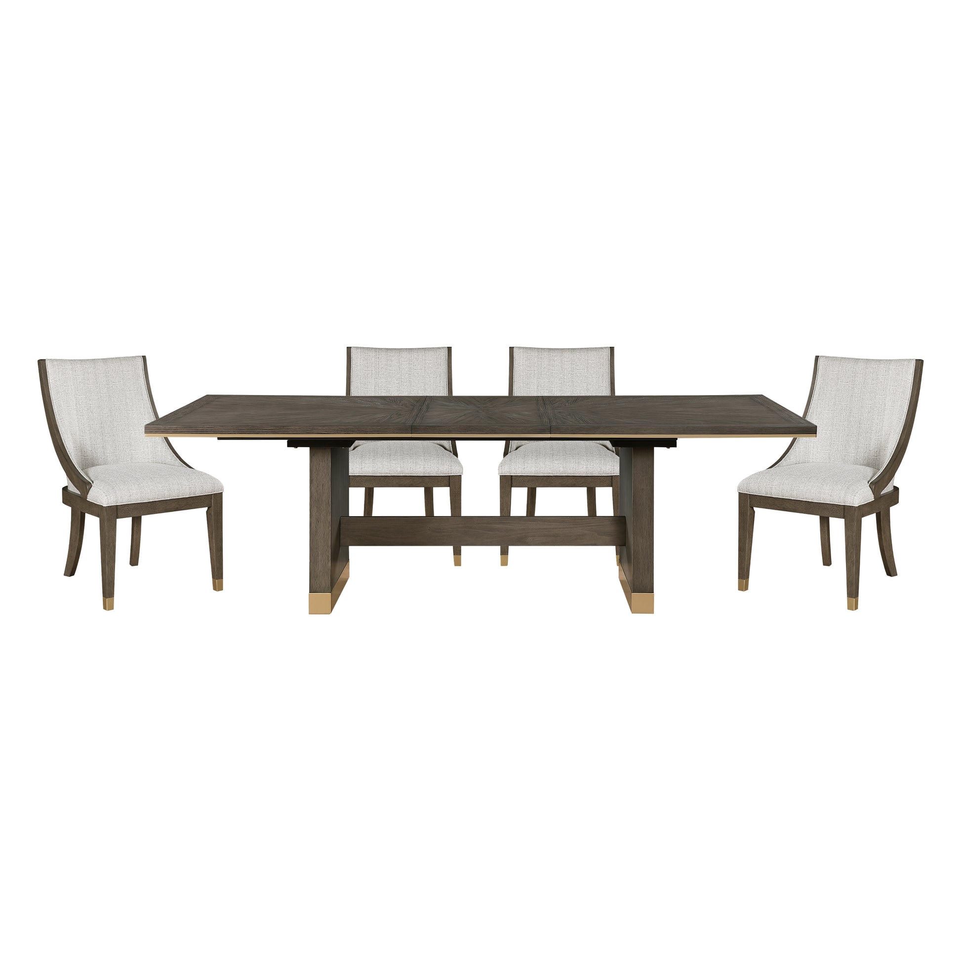 Dark oak dining table with textured grey chairs featuring elegant brass accents on chair legs