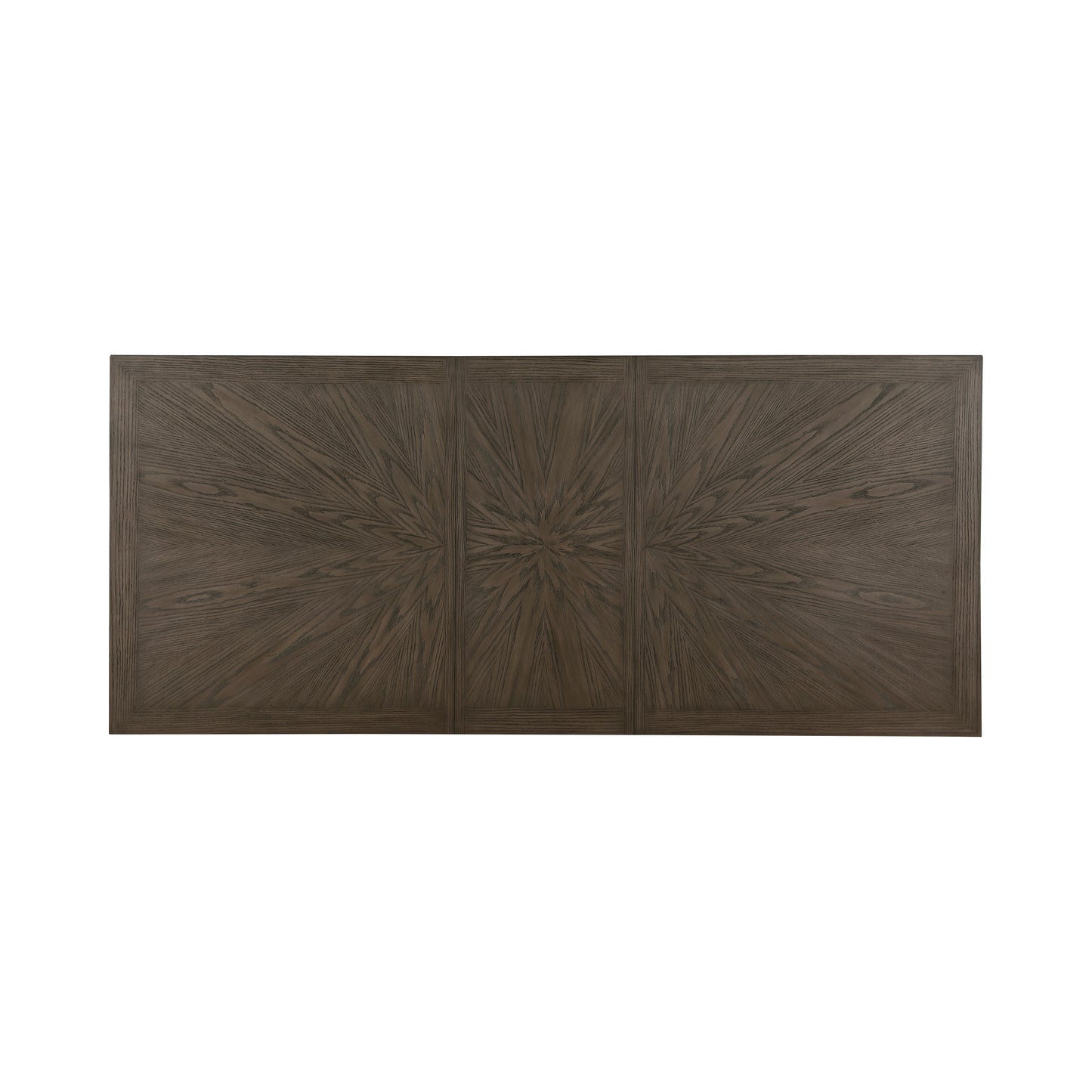 Dark oak dining table with sunburst wood grain pattern