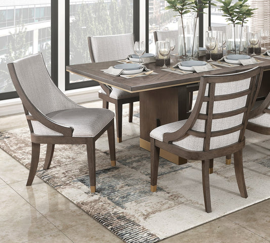 Modern gray upholstered dining chair with wooden frame and gold accents