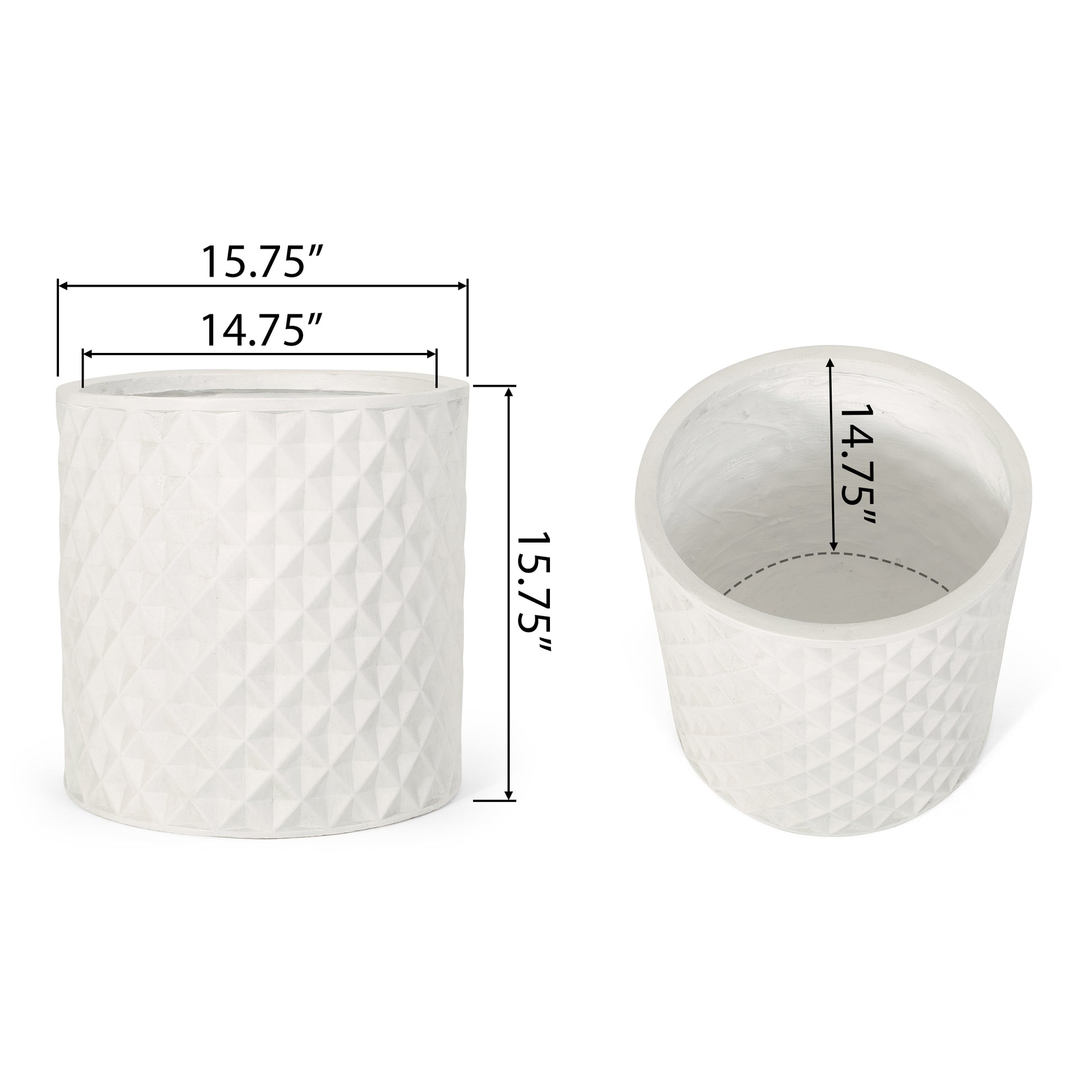 White diamondtextured cylindrical planter  inches tall  inches wide