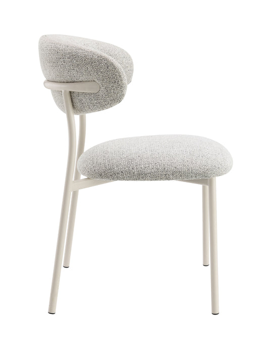 Modern accent chair with grey tweed upholstery and slender beige metal legs