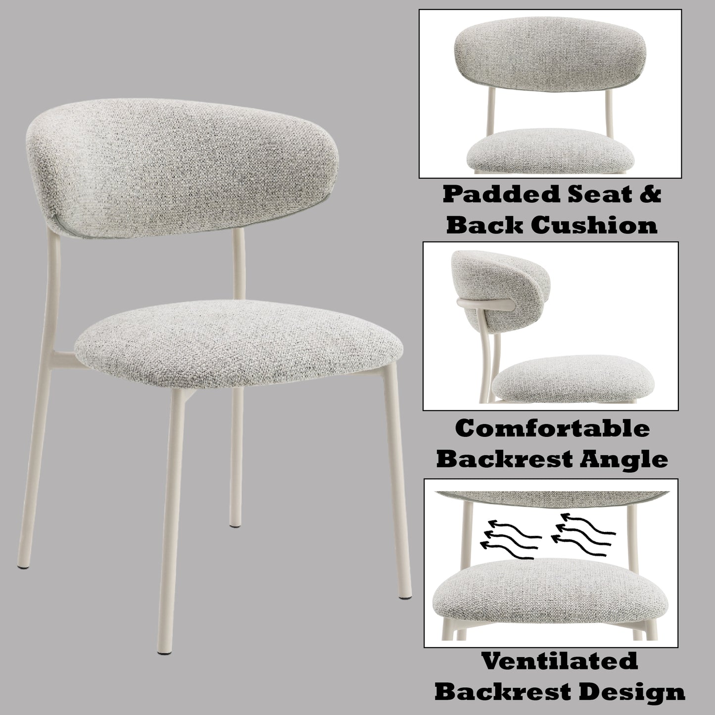 Modern dining chair with grey textured fabric upholstery and slim metal legs