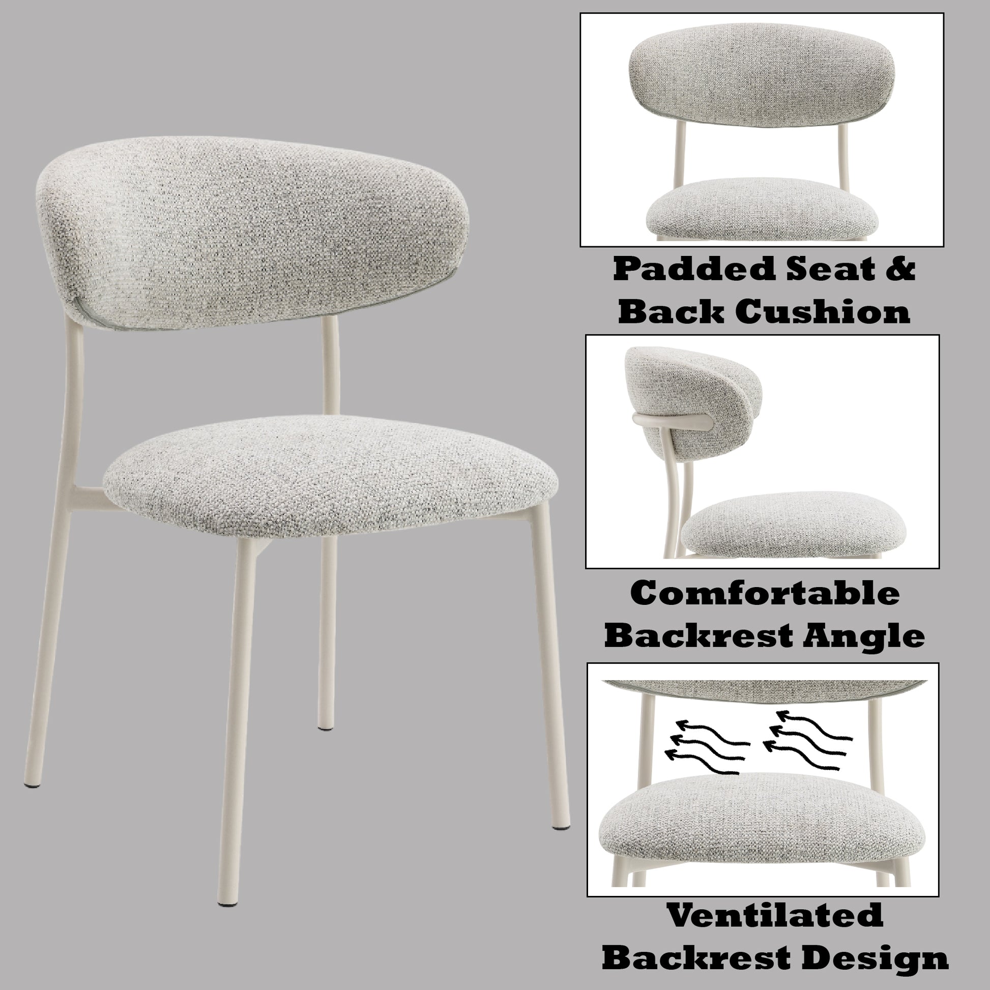 Modern dining chair with grey textured fabric upholstery and slim metal legs
