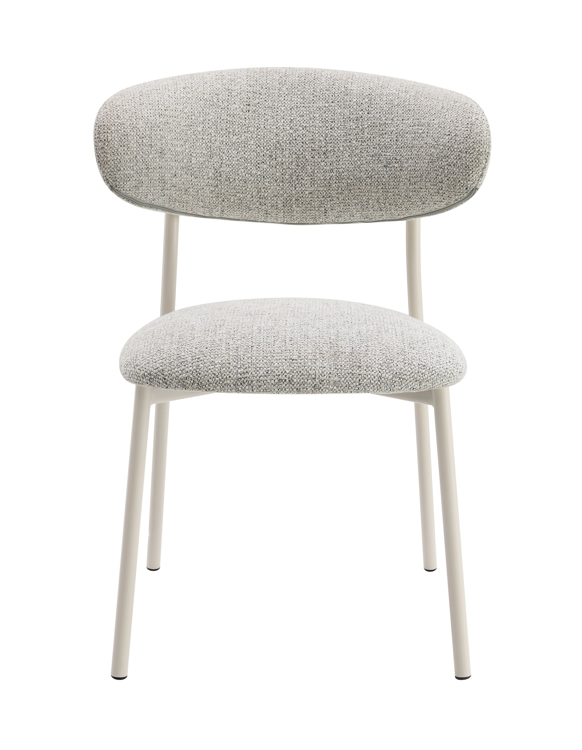 Modern upholstered dining chair with light grey textured fabric seat and back on pale beige metal legs