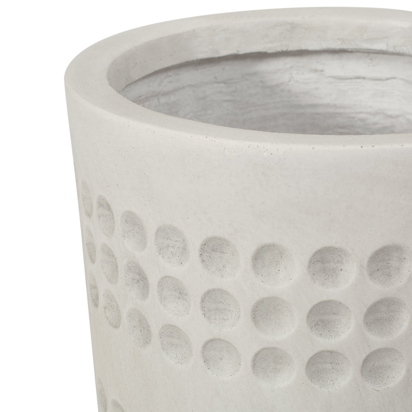 Light gray textured concrete planter with embossed circle pattern