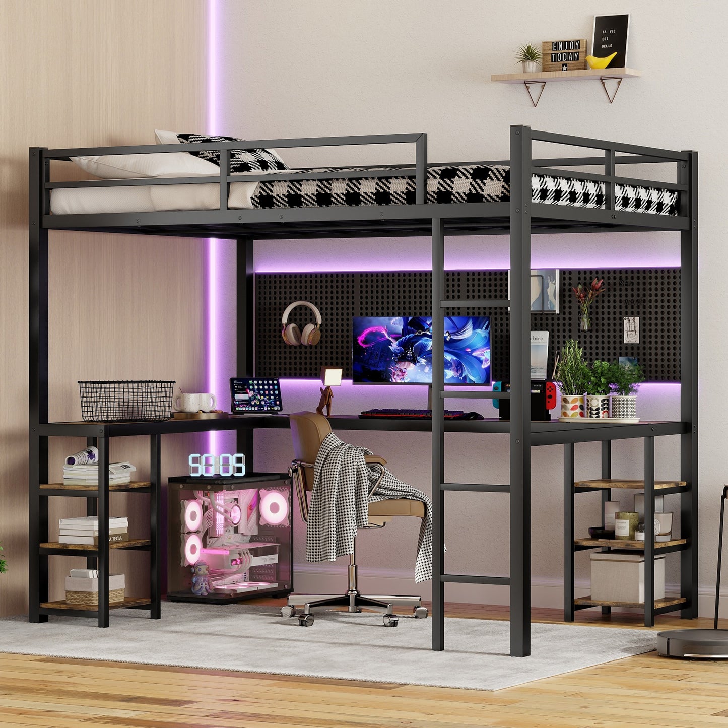 TREATLIFE HOME Full XL Metal Loft Bed with Desk and Storage Shelves, Sturdy Design for Small Bedrooms, Black