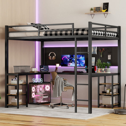 TREATLIFE HOME Full XL Metal Loft Bed with Desk and Storage Shelves, Sturdy Design for Small Bedrooms, Black